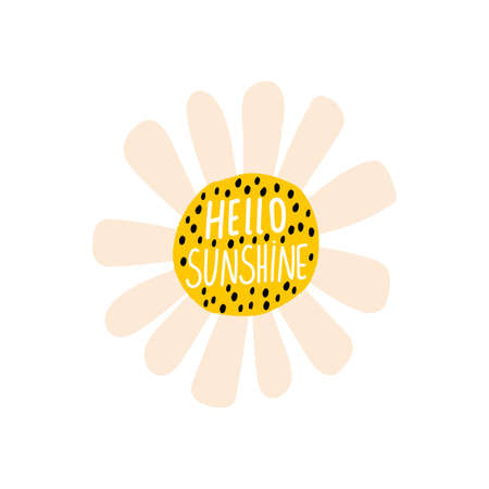 Daisy flower with lettering. Hello sunshine. Flower icon isolated on white. Vector illustrationのイラスト素材