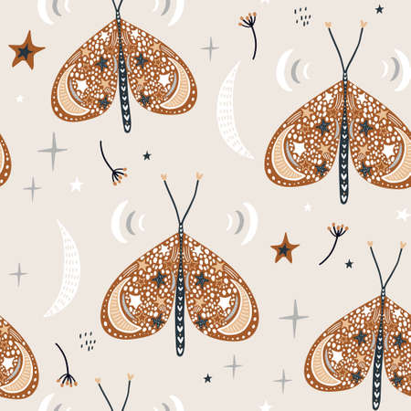 Seamless moths pattern. Creative mystical butterfly with stars, dandelions and moons. Great for fabric, textile. Vector illustrationのイラスト素材