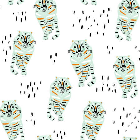 Seamless pattern with wild ink drawn mint tigers and hand drawn elements. Creative animals texture for fabric, wrapping, textile, wallpaper, apparel. Vector illustrationのイラスト素材