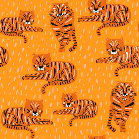 Seamless pink pattern with wild tigers and hand drawn elements. Creative animals texture for fabric, wrapping, textile, wallpaper, apparel. Vector illustrationのイラスト素材