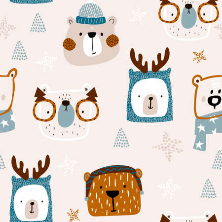Seamless childish pattern with cute winter bears in hat, scarf. Creative holiday hand drawn texture for fabric, wrapping, textile, wallpaper, apparel. Vector illustrationのイラスト素材