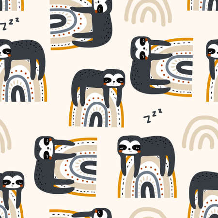 Seamless geometric childish pattern with funny sloths on rainbows. Creative kids texture for fabric, wrapping, textile, wallpaper, apparel. Vector illustrationのイラスト素材
