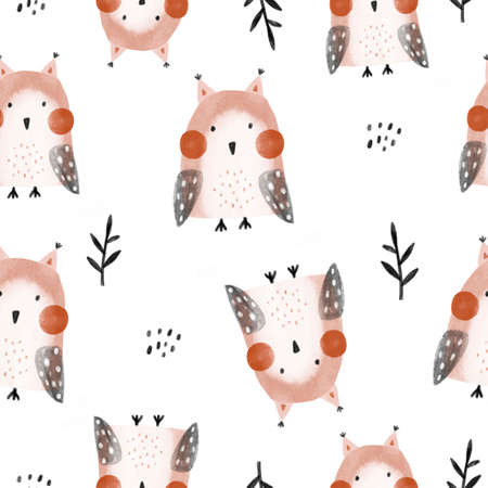 Seamless watercolor childish pattern with owsl in the autumn wood. Creative kids forest texture for fabric, wrapping, textile, wallpaper, apparel. illustrationの写真素材