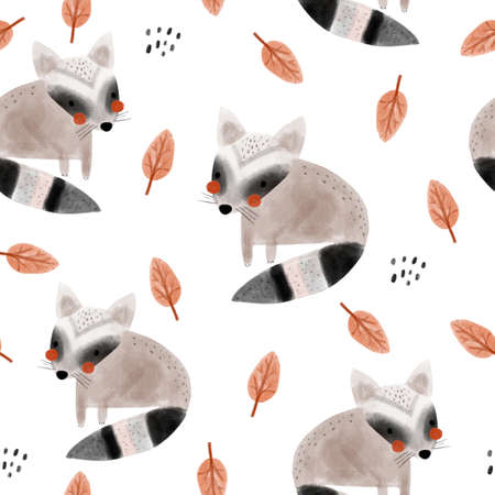 Seamless watercolor childish pattern with raccoons and autumn leaves. Creative kids forest texture for fabric, wrapping, textile, wallpaper, apparel. illustrationの写真素材