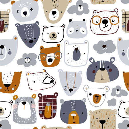 Creative childish pattern with cute colorful bears, clouds, pandas. Modern seamless texture for wallpaper, bedding, textile. Vector illustrationのイラスト素材