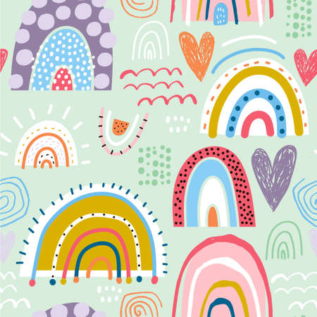 Childish seamless pattern with creative rainbows, hearts and hand drawn textures. Trendy kids vector background.のイラスト素材