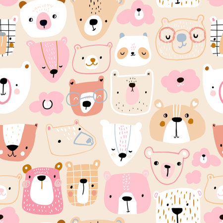 Creative childish pattern with cute pink bears, clouds, pandas. Modern seamless texture for wallpaper, bedding, textile. Vector illustrationのイラスト素材