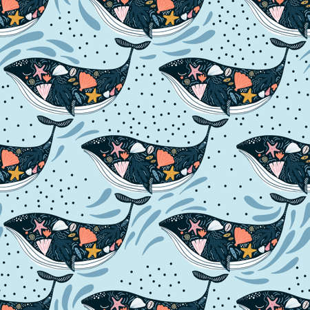 Seamless pattern with cute whales with marine treasures on a body. Childish marine blue texture for fabric, textile, apparel. Vector backgroundのイラスト素材
