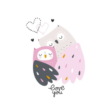 Cute mom and baby owl hugging. Creative cartoon owl birds isolated. Vector illustration.のイラスト素材