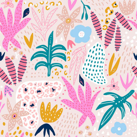 Seamless abstract floral jungle pattern. wild animal print. Summer hand drawn creative texture. vector illustrationのイラスト素材