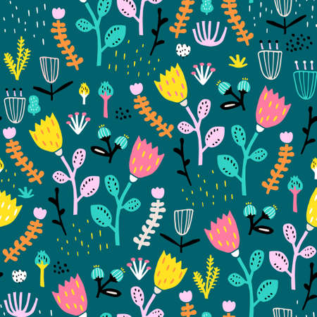 Seamless floral pattern with hand drawn flowers, branches. Blossom bright texture with flowers....