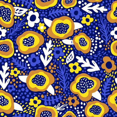 Seamless hand drawn floral pattern in yellow and blue colors. Great for fabric and textile. vector illustrationのイラスト素材
