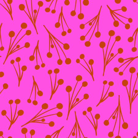 Seamless pattern with hand drawn berry on branch. Pink minimal floral texture. vector illustrationのイラスト素材