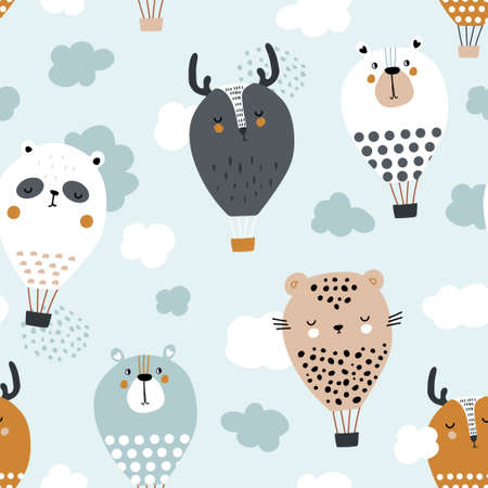 Seamless pattern with funny animals hot air balloons. Creative childish background. Perfect for kids apparel,fabric, textile, nursery decoration,wrapping paper.Vector Illustrationのイラスト素材