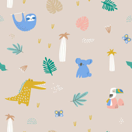 Seamless childish jungle pattern with aligator, koala, crocodile, , sloth, tocan, and jungle florals. Perfect for fabric,textile. Creative kids Vector backgroundのイラスト素材