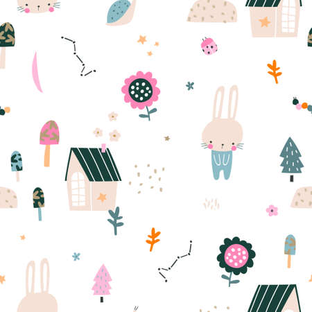 Seamless childish pattern with cute bunny character, house, star, flower, moon. Vector kids texture for digital paper, fabric, textile.のイラスト素材