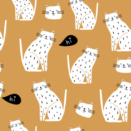 Seamless pattern with cute white cats and speech bubble. Creative childish texture. Great for fabric, textile Vector Illustrationのイラスト素材