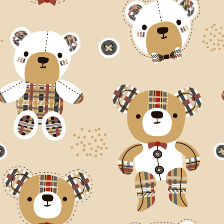 Seamless childish pattern with cute gingham toy bear. Kids texture vector illustrationのイラスト素材