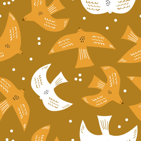 Seamless pattern with scandinavian style white birds on mustard. Creative monochrome bird texture. Great for fabric, textile Vector Illustrationのイラスト素材