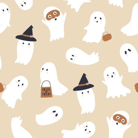 Seamless halloween texture with cute ghosts. ghost vector pattern.のイラスト素材