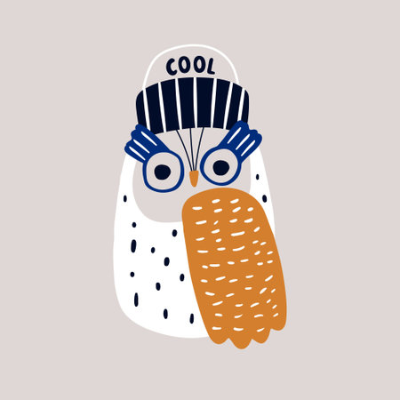 Cute cartoon owl bird in beanie hat. Creative owl character isolated. Great for poster, wall art, sticker, apparel print. vector illustration.のイラスト素材