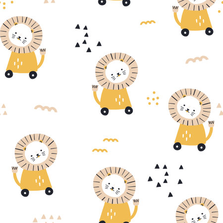 Seamless childish pattern with cute rocking lions toys pattern. Kids print for fabric, textile. vector illustrationのイラスト素材