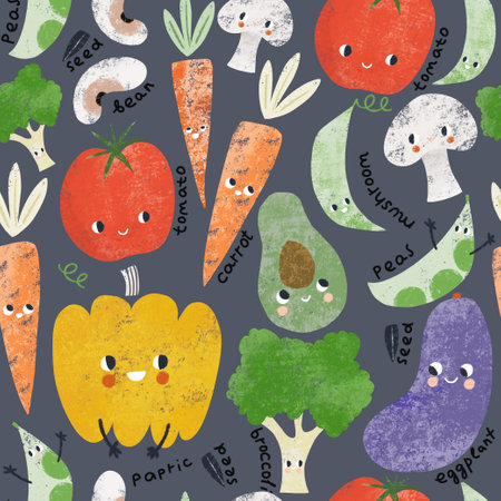 Funny veggitable with eyes seamless pattern. Cartoon texture with avocado, broccoli, tomato, carrot, paprika. hand drawn veggie textureの写真素材