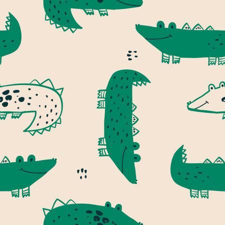 Seamless cartoon crocodile pattern. Kids funny green childish alligator character texture. vector illustrationのイラスト素材