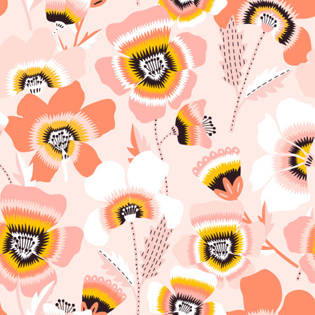 Hand drawn poppies floral seamless pattern. Botanical texture for fabric, textile with pastel poppies. vector illustrationのイラスト素材