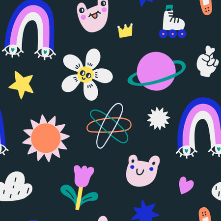 Seamless childish pattern with pins, patches elements, rainbow, frog, sun, flower. Vector kids modern textureのイラスト素材