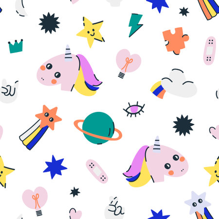 Seamless childish pattern with pins, patches elements, unicorn, rainbow, star. Vector kids modern textureのイラスト素材