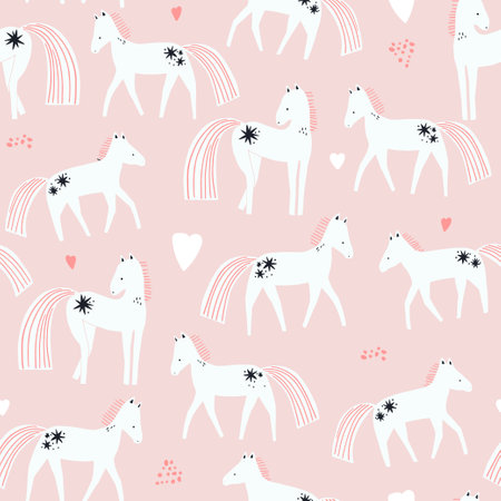 Cartoon childish pattern with magical horses and hearts. Pastel background. Vector kids textureのイラスト素材