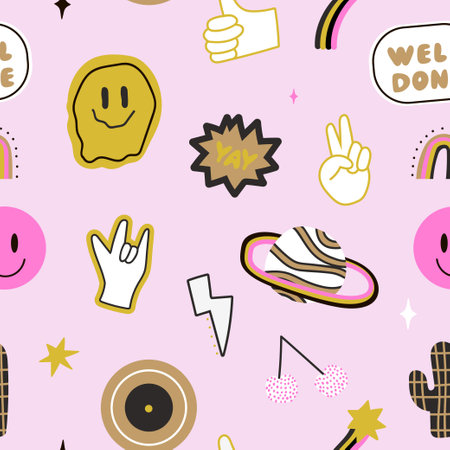 Seamless funny pattern with emoji, patches, star, rainbow, like sigh. Retro style texture. Vector illustration.のイラスト素材