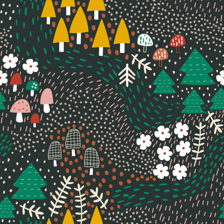 Seamless cartoon forest pattern. Woodland texture with tree, mushroom, flowers and hand drawn textures. Vector illustrationのイラスト素材