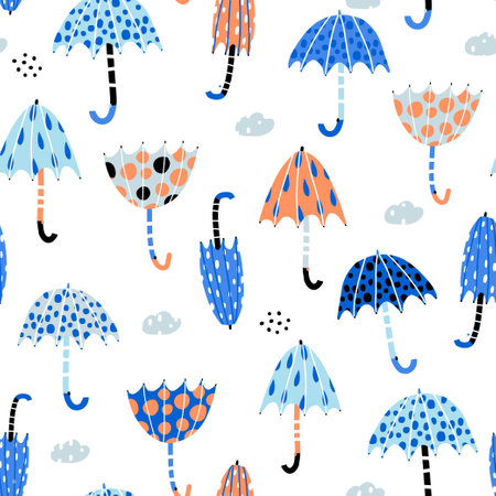 Seamless pattern with hand drawn umbrellas, clouds, water drops. Colorful umbrellas childish texture for fabric, textile, apparel. Vector illustrationのイラスト素材