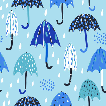 Seamless pattern with hand drawn umbrellas, water drops. Blue and navy umbrellas childish texture for fabric, textile, apparel. Vector illustrationのイラスト素材