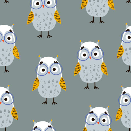 Seamless pattern with hand drawn cute owls characters. Childish adorable texture with cartoon owls in glasses. Vector illustrationのイラスト素材