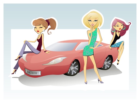 The vector illustration of the Car and Three Girlsのイラスト素材