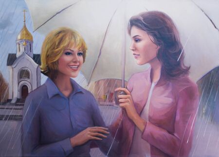 The Fine Art Portrait of the Girls telling Gossips (Oil Painting)の写真素材