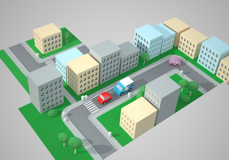 City Top View. Street Traffic. The Three-dimensional City Map with Streets, Buildings, Cars, Pedestrians and Pedestrian Crossings, Zebra Crossings. Digitally Generated Image. Rendering in 3D Programの写真素材