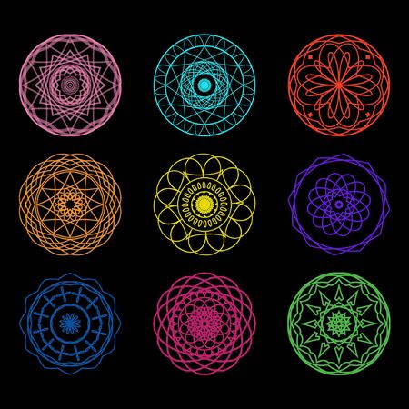 Mandalas set on black background. Round Ornament patternsのイラスト素材