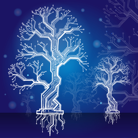 electronic structure as construction model in the form of a tree with a dark blue backgroundのイラスト素材