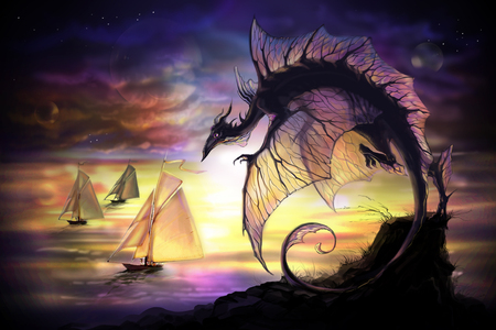 cartoon dragon and sailing vessel in another worldの写真素材