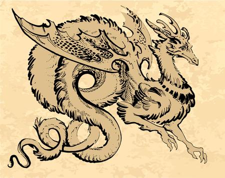 brown winged dragon in asia style with a long tailのイラスト素材