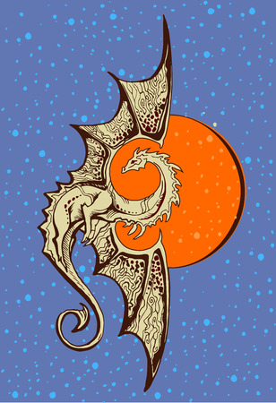 symbol dragon with a background of the orange sunの写真素材
