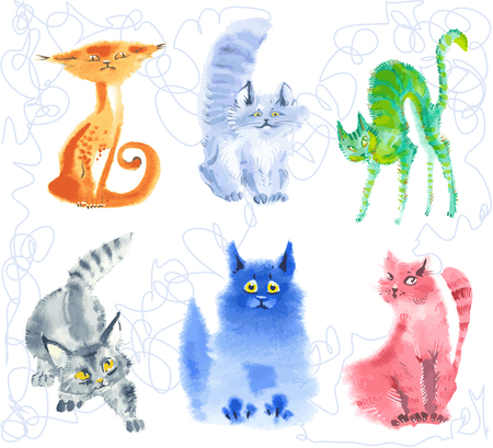 aqurella. watercolor emotional curious kittens in style of the handdrawのイラスト素材