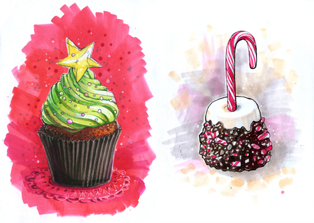 Christmas cupcakes with a green Christmas tree and candy caneの写真素材