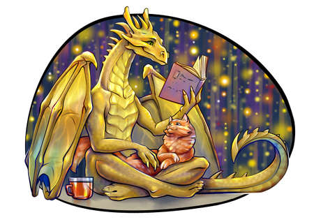 golden dragon reading a book with a catの写真素材