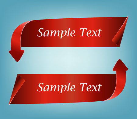 Realistically detailed curved arrows banner ribbon red paper isolated on blue background.のイラスト素材