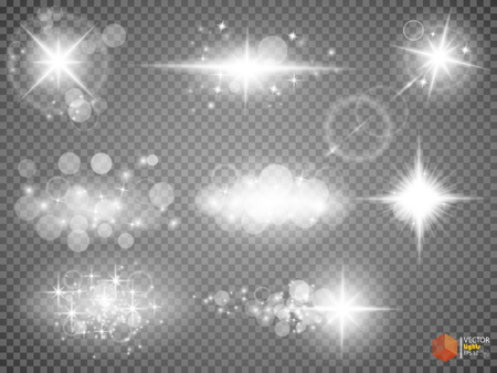 Silver glitter bokeh lights and tinsel. Bright star, solar particles and sparks with glare effect on a transparent backgroundのイラスト素材
